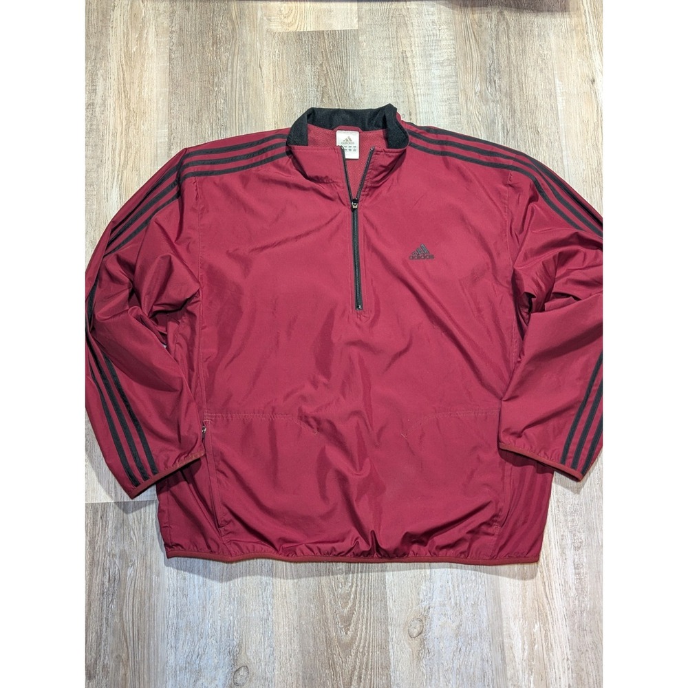 Adidas Mens XL Red 1/4 Zip Windbreaker Pullover Jacket Black 3 Stripe‎